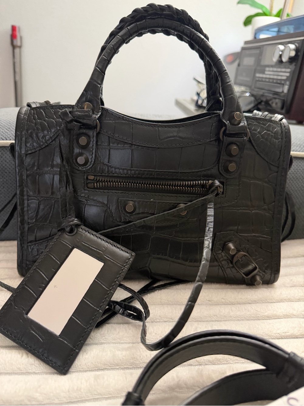 Balenciaga mini city black croc embossed leather